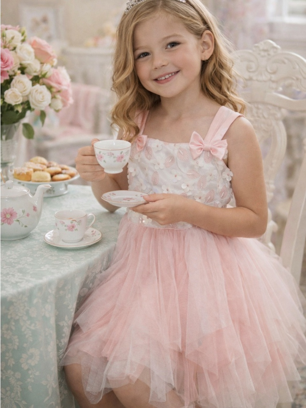 Jona Michelle Pink and White Floral Tulle Party Dress